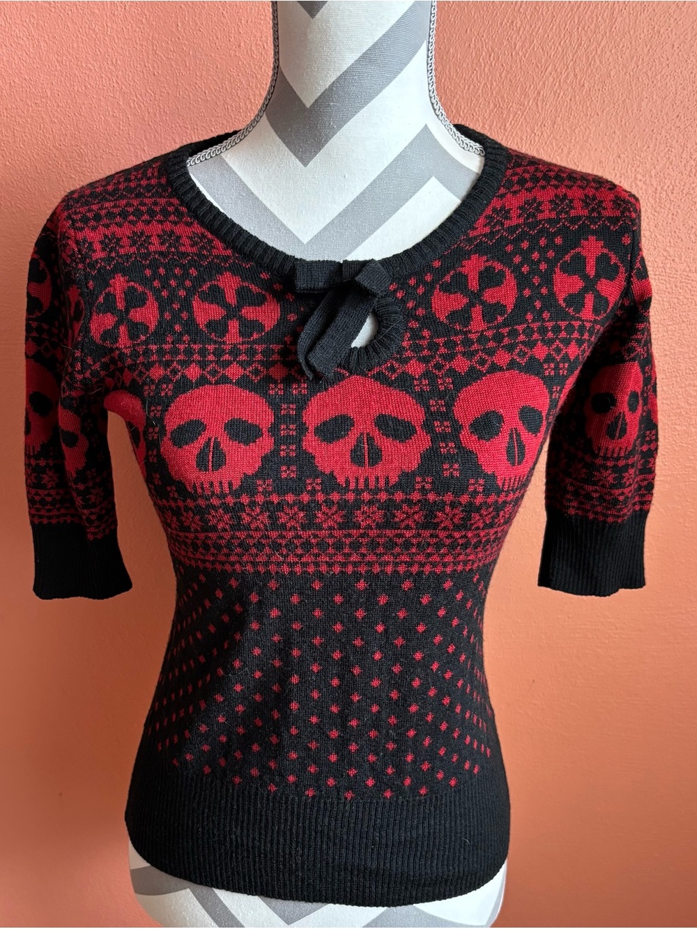 Hell Bunny Black & Red Skull Fair Isle Scoop Neck Sweater